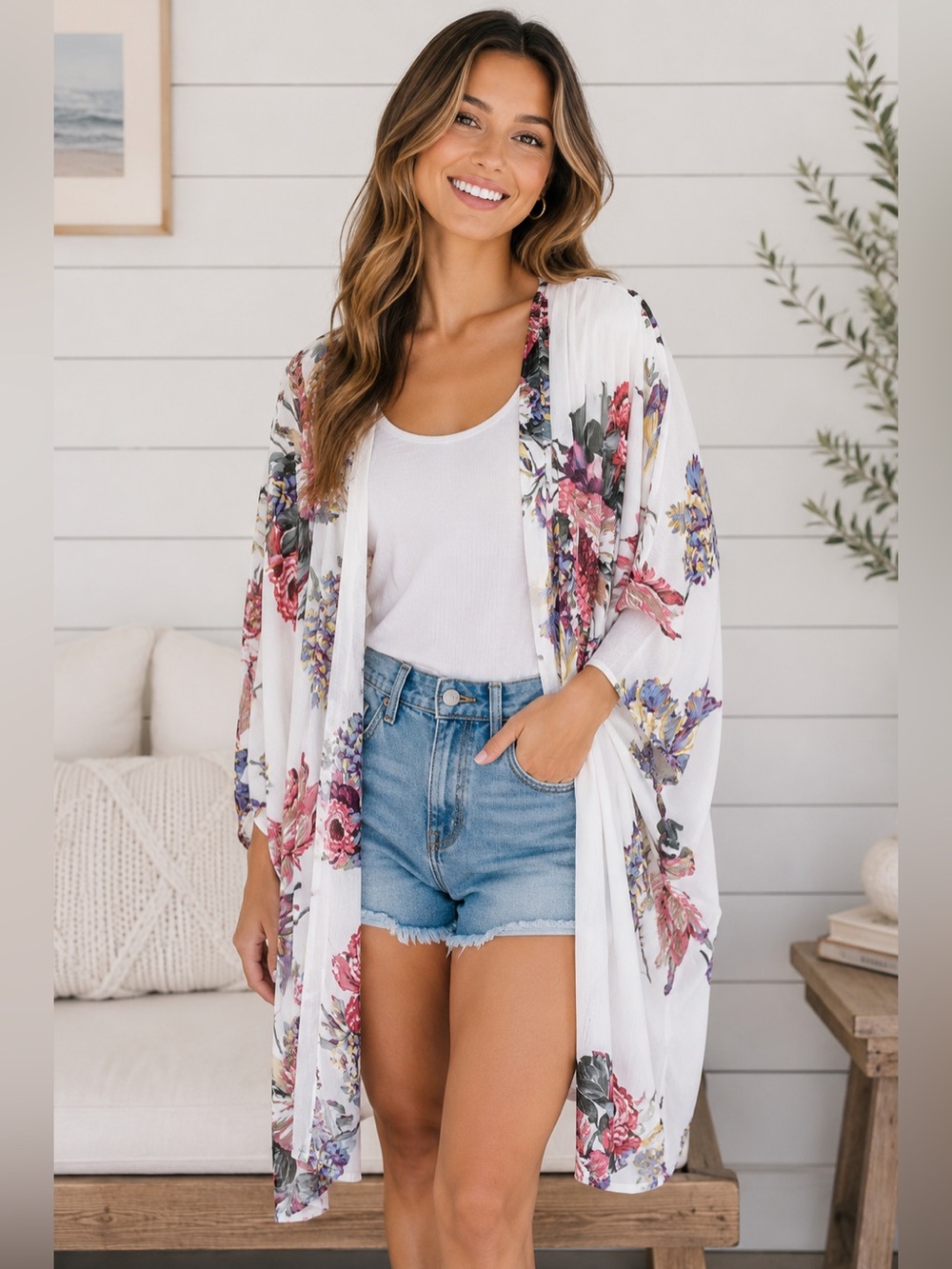 Umgee Floral Open Front Kimono - Lightweight Boho Beach Swim Cover Up Size M/L